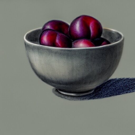 concept art drawing of a single thick porcelain bowl filled with a few moist freshly picked plums on a wooden table. volumetric lighting. small scale. artistic. top down. 