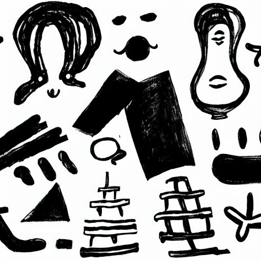 black and white composition of a variety of doodles, drawings, faces, symbols, cartoons, lineart, chinese ink brush 