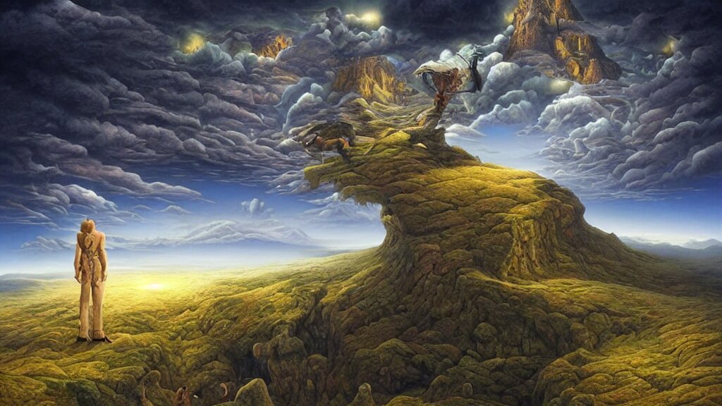 fantasy landscape with anthropomorphic!!! terrain!!! in the styles of igor morski, jim warren, and rob gonsalves, intricate, hyperrealistic, volumetric lighting, big sky, distinct horizon 