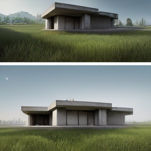 rectangular modernist house inspired by a tibetan palace, surrounded by thick collumns, two levels, in a field, big trees, clouds, dramatic lighting, artstation, matte painting, raphael lacoste, simon stalenhag, frank lloyd wright, drone view 