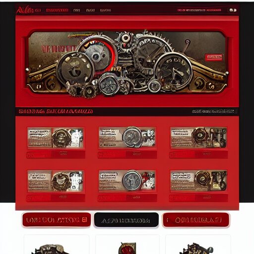 a full ux layout of a steampunk mechanical dog dashboard and marketplace site design, red theme. 