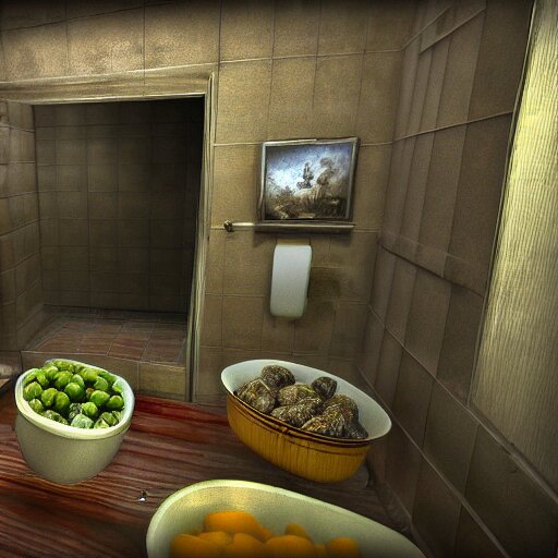 the potatoes are invading putin bathroom, potatoes atttack putin's bathroom, realistic, hdr, clear image, hdd, dynamic lighting, rtx on, 