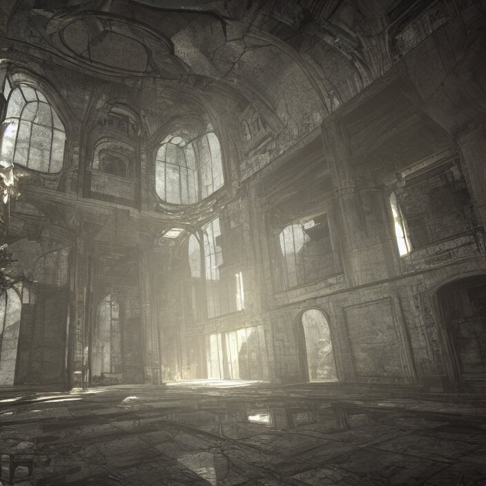 interior mazelike architecture from quake, lovecraftian, liminal space, moody lighting, unreal engine 5, hyper detailed, hyper realistic 