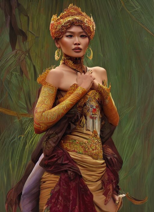 portrait of an indonesian supermodels wearing traditional costume, highly detailed, digital painting, artstation, concept art, sharp focus, illustration, art by kittichai rueangchaichan and james gurney and alphonse mucha 