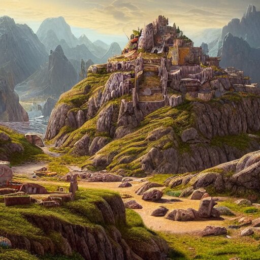 a beautiful and highly detailed matte painting of a colorful yet humble viking temple and fort built of large stones in the distance high in the most epic mountains ever, intricate details, epic scale, insanely complex, 8 k, sharp focus, hyperrealism, very realistic, by caspar friedrich, greg rutowski, james gurney, hudson river school 