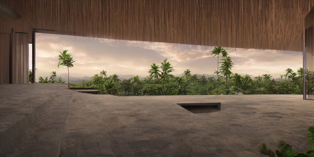 3d rendering  of beautiful nature meets architecture concept of a residential house. balinese architecture by Kengo Kuma, volumetric lighting, luxury, high detail, 14mm, cinematic photography, cg architects,  high resolution