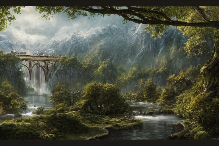 rivendell from lord of the rings matte painting by yanick dusseault and dylan cole, artstation, 4 k, insanely detailed, 