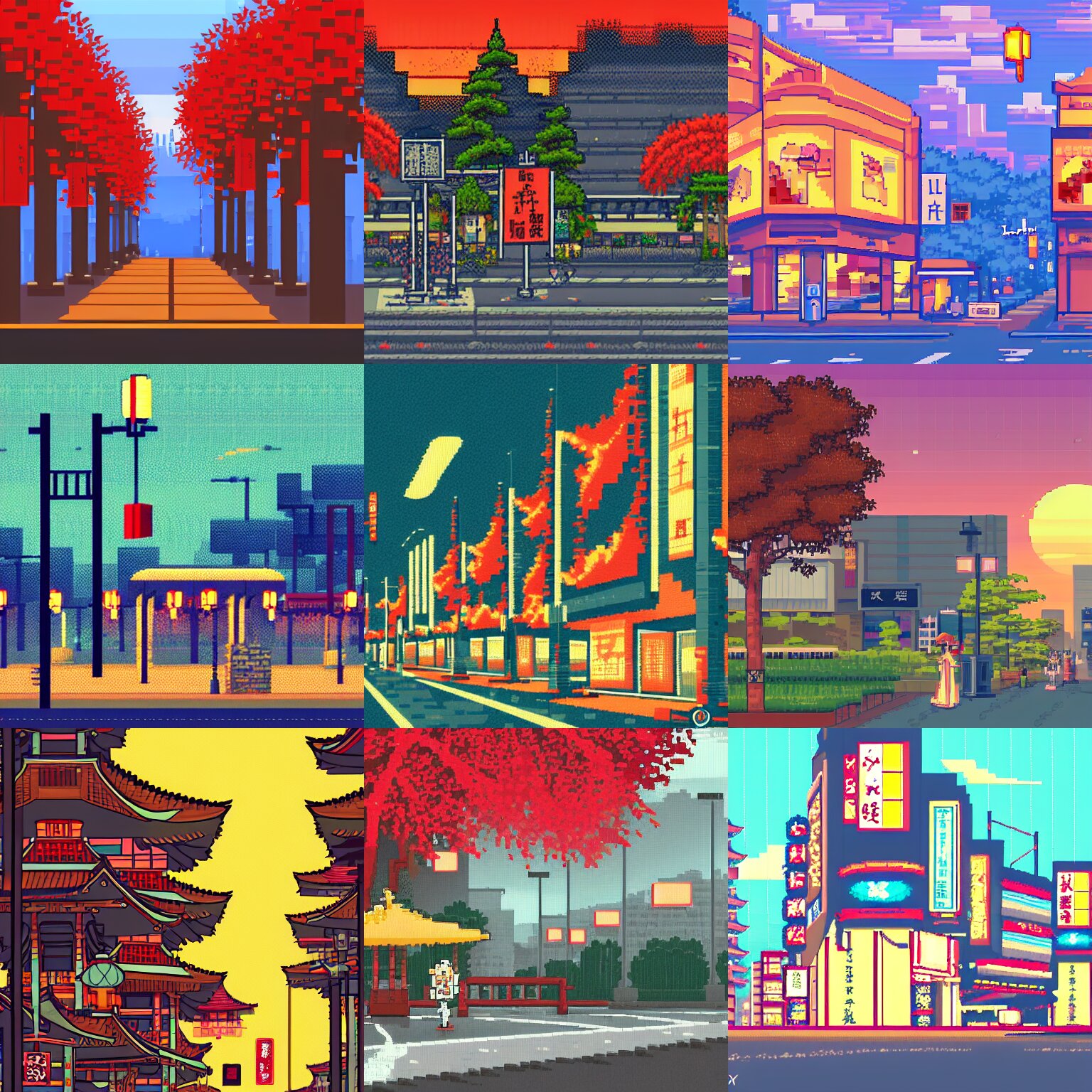 modern fantasy japanese street corner at dusk, subdued colors, leaves blowing in the wind, banners waving, pixel art popular on pixel dailies 