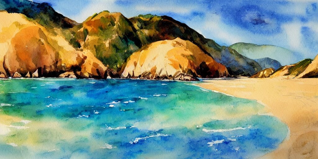 golden bay new zealand, abel tasman, colorful watercolor painting, trending on artstation