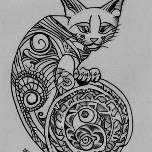 tattoo sketch in polynesian style cat hugging the sun