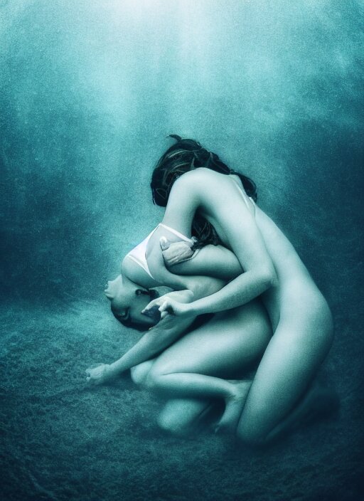 a photo of a a vast underwater with a woman in the center curled and hugging her knees. Cinematic post-processing. Award winning portrait photography. Sharp eyes.