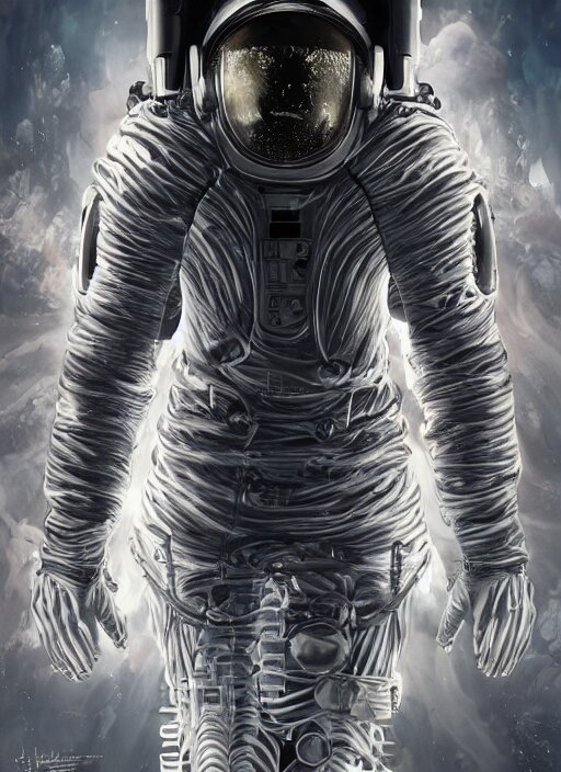 astronaut in dark void underwater - complex and hyperdetailed technical suit design. reflection and dispersion materials. rays and dispersion of light. volumetric light. f / 3 2. noise film photo. flash photography. ultra realistic, 5 0 mm. poster by wayne barlowe, hajime sorayama aaron horkey, craig mullins 