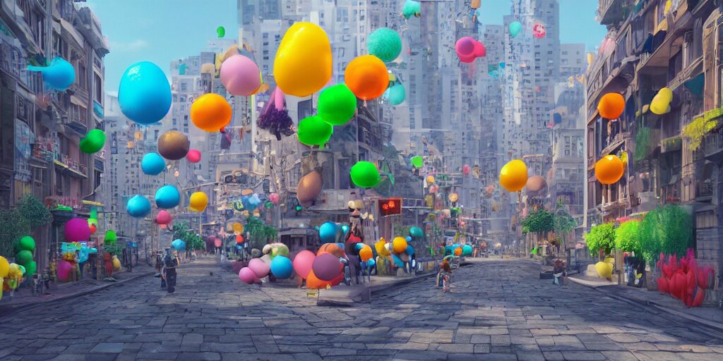 a city street where everything is made from tiny inflatable balloons, hyper real, trending on Art Station, Octane render