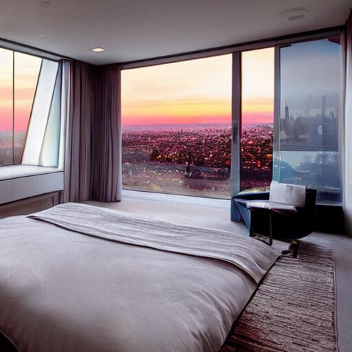 a futuristic furnished bedroom with a large window at sunset, godrays, luxury white bed, warm lighting