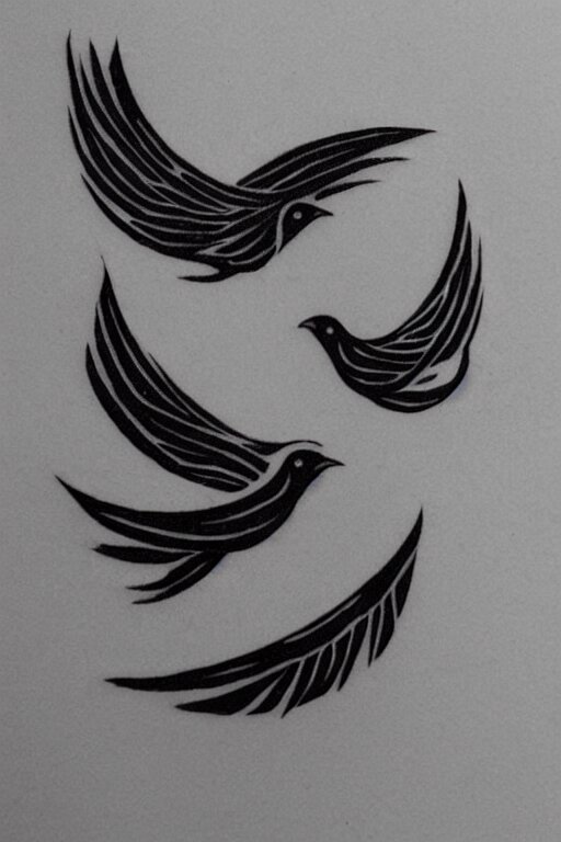 a simple tattoo design of birds flying in a 3 spiral, black ink, logo 