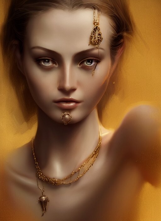 realistic character concept, porcelain skin woman with lots of jewelry in the face, elegant pose, scifi, illustration, slender symmetrical face and body, artstation, cinematic lighting, hyperdetailed, cgsociety, 8 k, high resolution, charlie bowater, natalie shau, single face, insanely detailed and intricate, beautiful, elegant, golden ratio, artdeco 