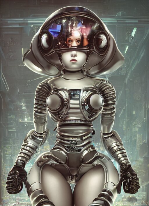 wide - angle shot of cybertronic armored girl, cables and tubes, depth of field, zeiss lens, detailed, symmetrical, centered, fashion photoshoot, by nicoletta ceccoli, mark ryden, lostfish, earl nore, hyung tae, frank frazetta, breathtaking, 8 k resolution, extremely detailed, beautiful, establishing shot, artistic, hyperrealistic, octane render 