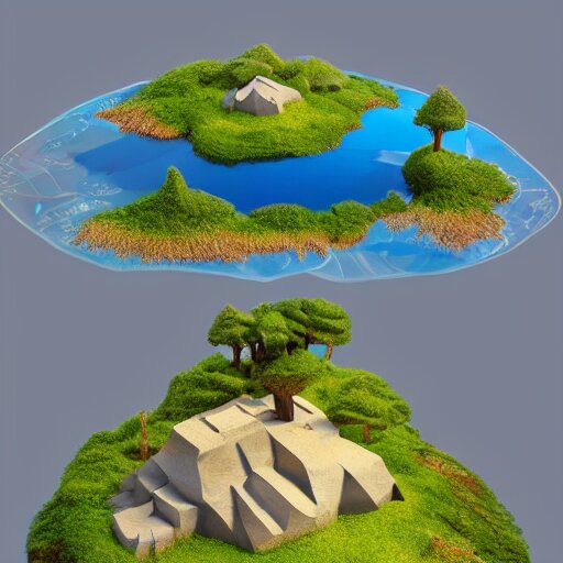 a floating island on an aquatic environment isometric art, lago de sorapis landscape, low poly art, game art, artstation, 3D render, high detail, cgsociety, octane render