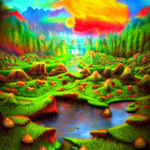 psychedelic mushroom kingdom, dmt, landscape, river, trending on artstation, detailed, realistic, photo