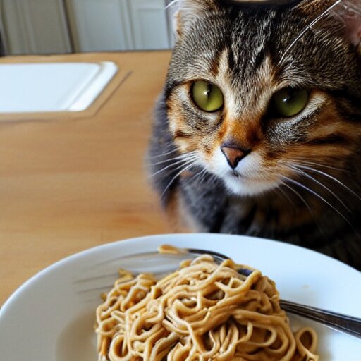 peanut butter and noodles on toast fat tabby cat watching over the food 