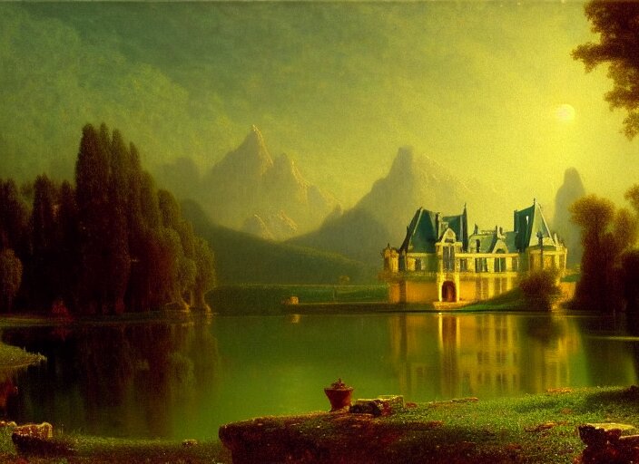 beautiful illustration of chateau in a serene landscape, by albert bierstadt, magic realism, narrative realism, beautiful matte painting, heavenly lighting, retrowave, 4 k hd wallpaper h 7 2 0 