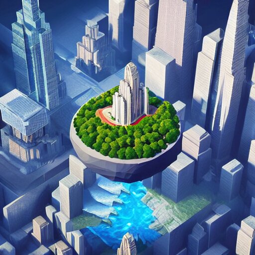 low poly art of a round floating island in the sky with the skyscrapers of New York on it, surrounded by waterfalls, isometric art, 3d render, ray tracing, high detail, artstation, concept art, behance, smooth, sharp focus, ethereal lighting, unreal engine 5