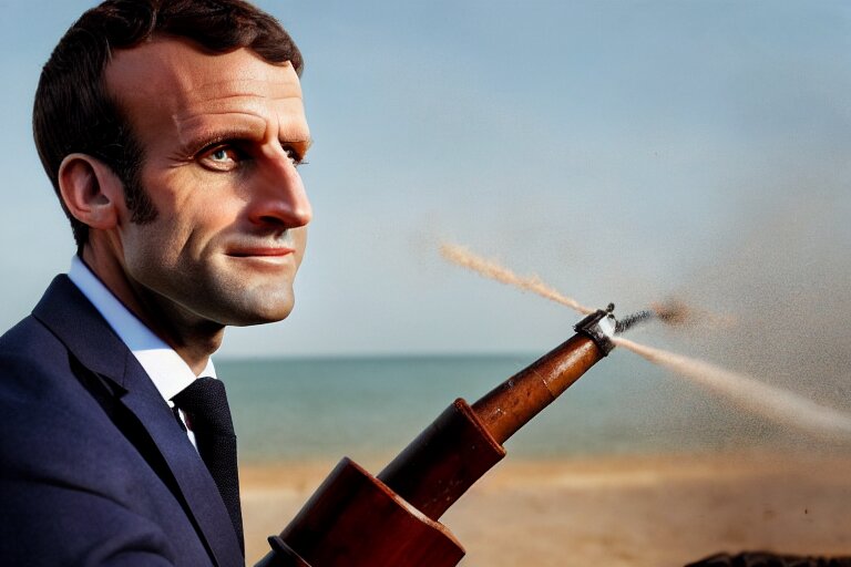 Lexica Closeup portrait of emmanuel macron firing a cannon at england