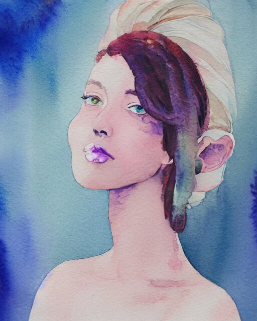 watercolor picture of a beautiful young woman in white dress, looking back at the camera, blue eyes, purple hair, high key, watercolor