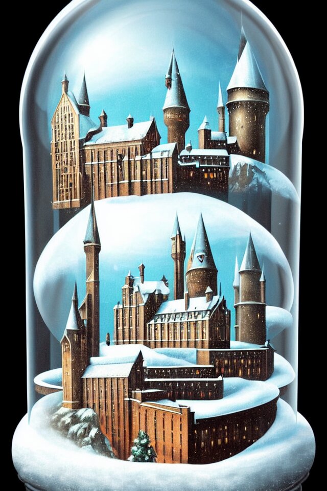 an achingly beautiful print of one snow globe with hogwarts inside by raphael, hopper, and rene magritte. detailed, proportional, romantic, vibrant, enchanting, trending on artstation 