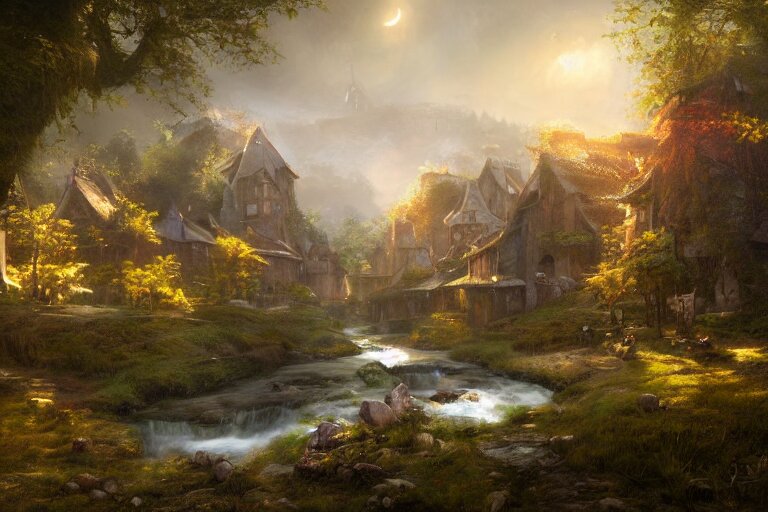 a medieval village with a stream in a forested valley by jessica rossier and brian froud cinematic painting 