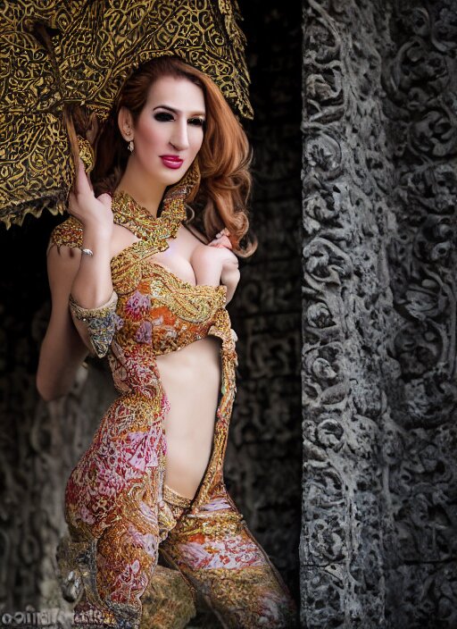 portrait of jordan carver wearing kebaya in bali temple, by charlotte grimm, natural light, detailed face, beautiful features, symmetrical, canon eos c 3 0 0, ƒ 1. 8, 3 5 mm, 8 k, medium - format print, 