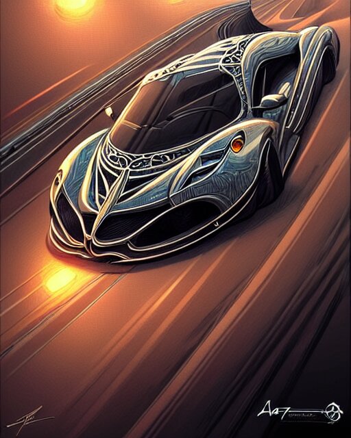 Art nouveau Ferarri car, fantasy, intricate zigzag designs, elegant, highly detailed, sharp focus, art by Artgerm and Greg Rutkowski and WLOP