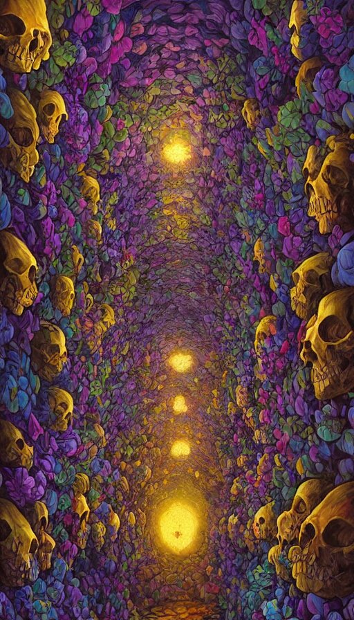 The luminous cavern of floral skulls, italian futurism, Dan Mumford, da vinci, Josan Gonzalez