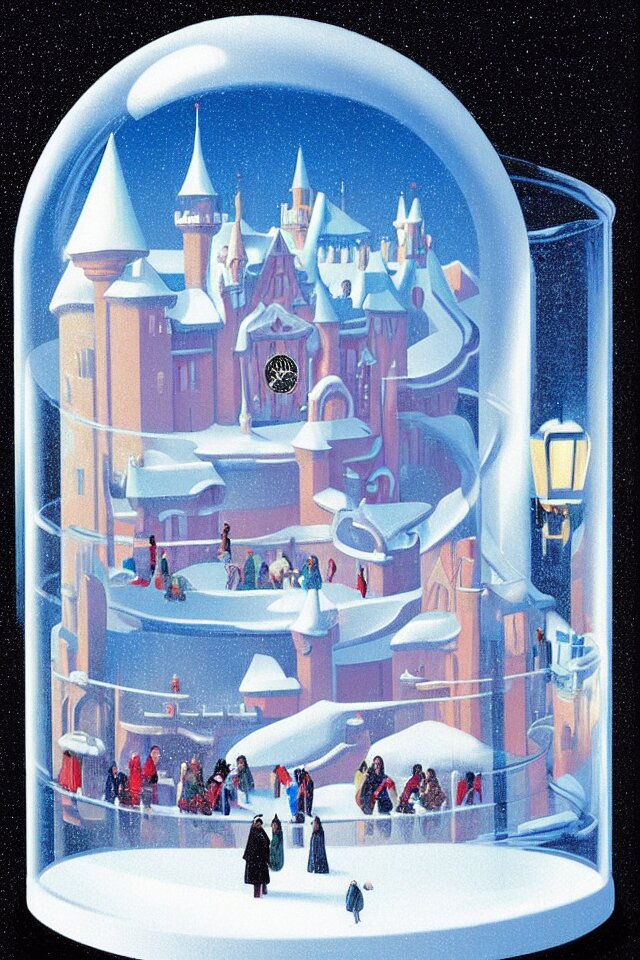 an achingly beautiful print of one modernist, cylindrical snow globe with disneyland inside by raphael, hopper, and rene magritte. detailed, proportional, romantic, vibrant, enchanting, trending on artstation 