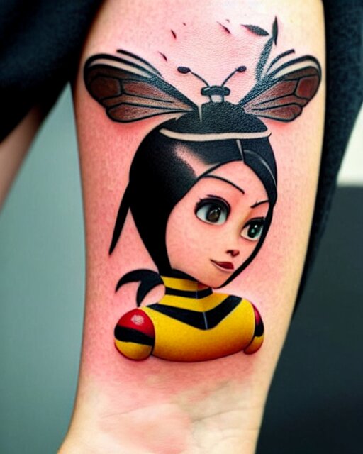 a tattoo of bee movie on the face of a woman with crimson - black hair, cute crimson - black bee - themed outfit, cinematic lighting, beautiful composition 