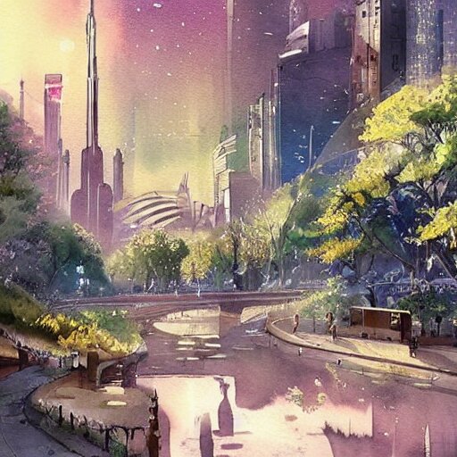 Beautiful happy picturesque charming sci-fi city in harmony with nature. Nature everywhere. Nice colour scheme, soft warm colour. Beautiful detailed watercolor by Lurid. (2022)