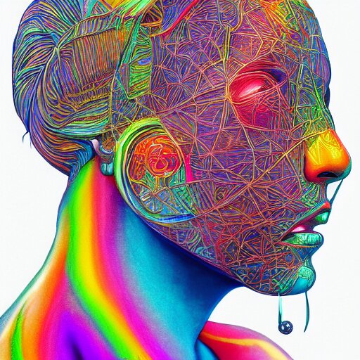 the head of a beautiful rainbow woman, an ultrafine detailed illustration by james jean, final fantasy, intricate linework, bright colors, behance contest winner, vanitas, angular, altermodern, unreal engine 5 highly rendered, global illumination, radiant light, detailed and intricate environment 