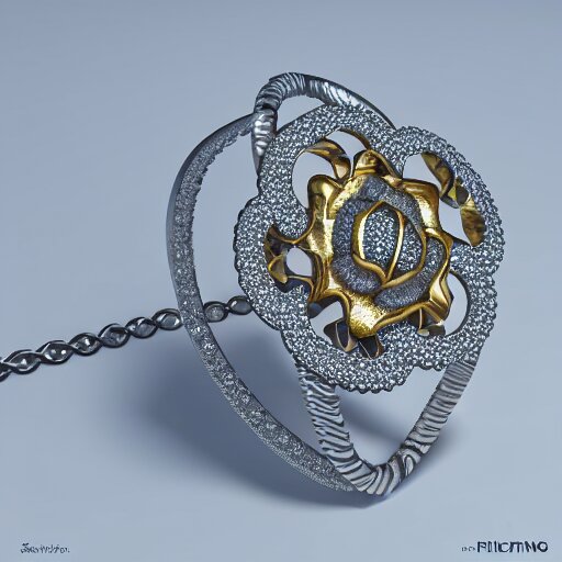 intricate!! nordic ring and necklace and ear, silver and gold and diamond, isolated on a white background and a flower in the background, refraction, occlusion, filigree, lower and upper levels, keyshot render, octane render, vray render 