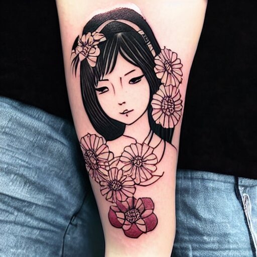 tattoo design, stencil, traditional, beautiful portrait of a Japanese girl with flowers in her hair, upper body, by artgerm, artgerm, digital art, cat girl, anime eyes, anime, sexy-s 100