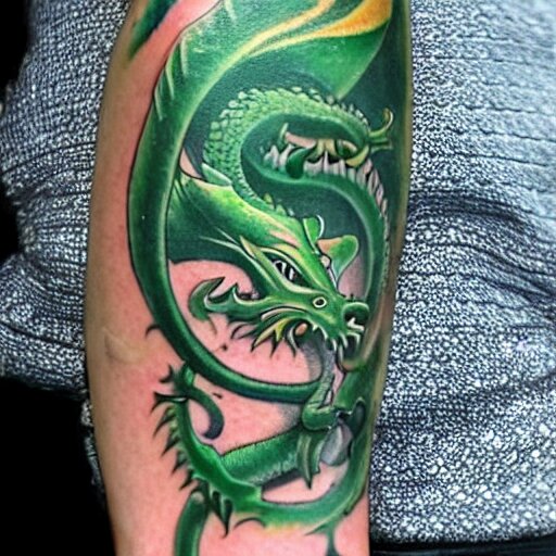 Arm tatoo of a dragon starting from the elbow, wrapping around the wrist in a downward spiral, emerald placed inside of the dragons mouth