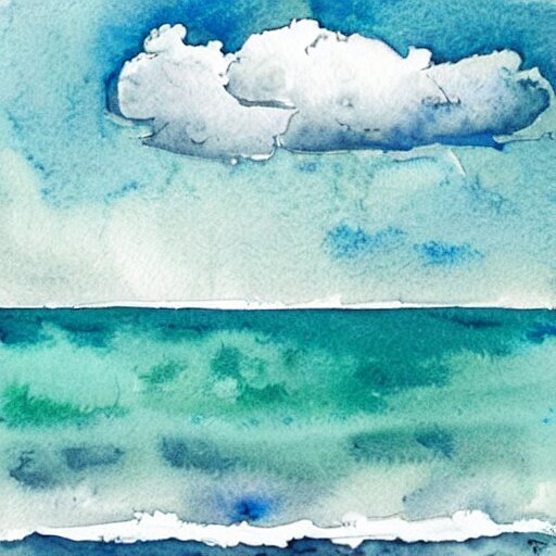 a beautiful watercolor painting of a beautiful ocean with peaceful fluffy clouds in the sky 