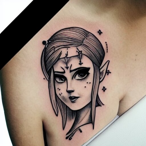 tattoo design, stencil, portrait of princess zelda in a bikini by artgerm, symmetrical face, beautiful, triforce 