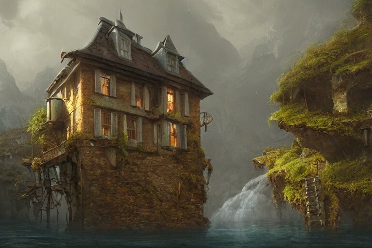 a typical european house with a slate roof, submerged under the water of the acean, school of fishes, scenic view, matte painting by christophe vacher and hubert robert, trending on artstation 