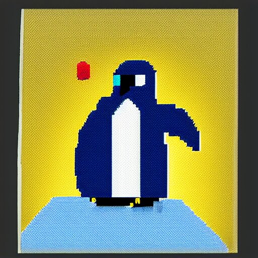 pixel art of a penguin climbing a mountain. backlit with blue light at midnight 