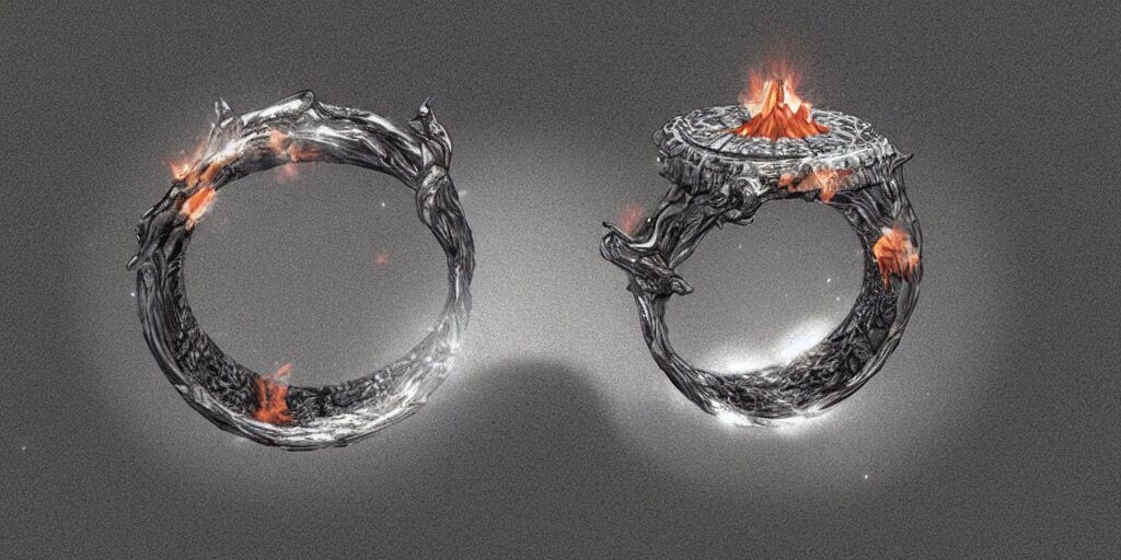 magic ring with a diamond, fire, flame, engraving, d & d, item, graphic, close - up, design, shimmer, artbook, page, detailed, trending on artstation, cgsociety, ralph mcquarrie and greg rutkowski 