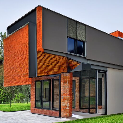 hyper realistic elevation of a house, brick, concrete, glass, wood 