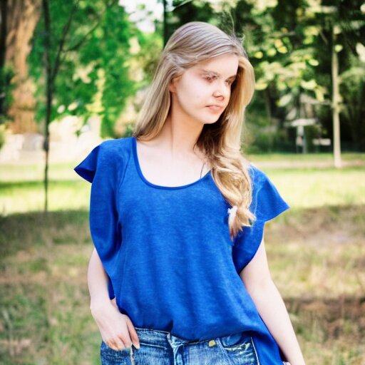 the girl is wearing a tank top, with sleeves cut off, blue three pocket jeans 