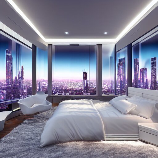 a futuristic luxury white bedroom with ceiling high windows looking out to a cyberpunk cityscape with flying cars, night time, neon lights, cinematic 3d render