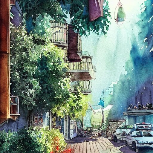 Beautiful happy picturesque charming sci-fi town in harmony with nature. Beautiful light. Water and plants. Nice colour scheme, soft warm colour. Beautiful detailed watercolor by Lurid. (2022)