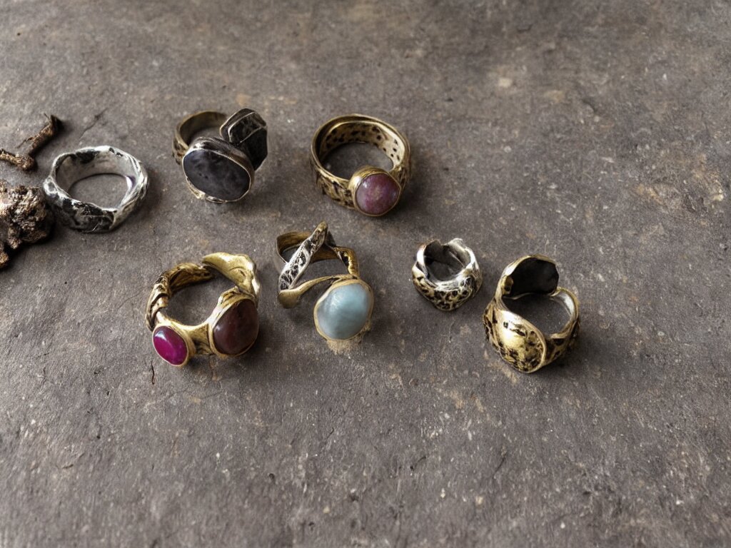 innovative rustic hand made rings hand crafted from silver and brass and natural gemstones